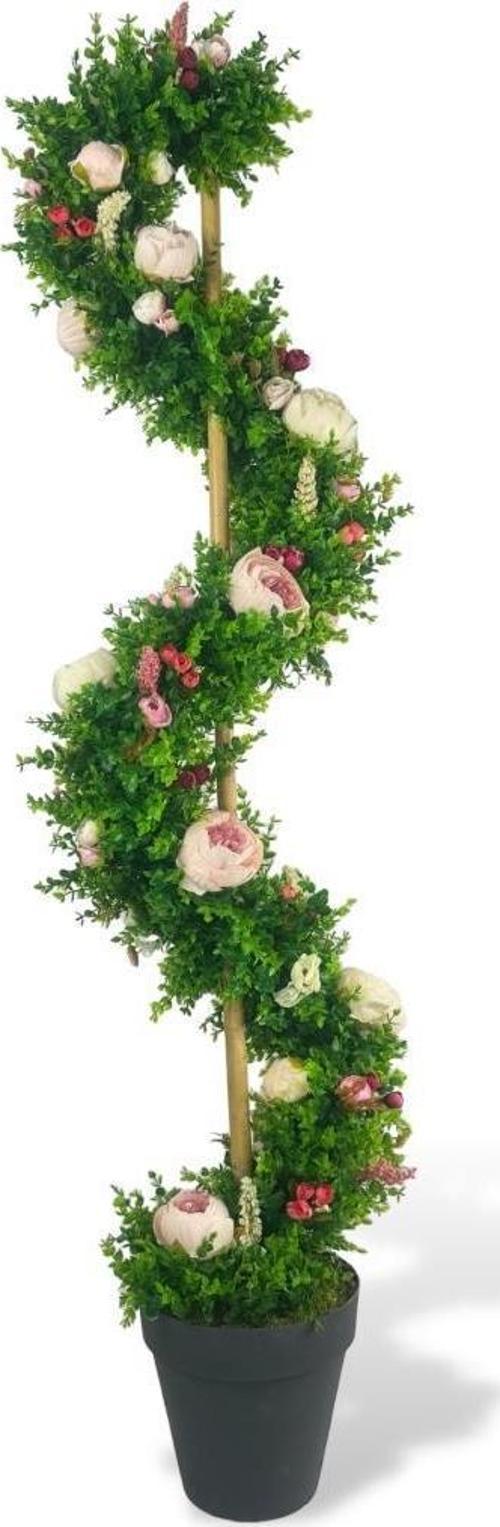 Yapay Ağaç Pembe Marsilya Şakayıklı Spiral Şimşir Ağacı 160 cm Bambu Saplı Salon Bitkisi