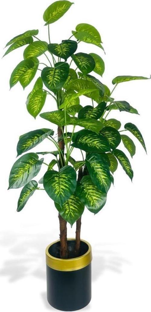 Yapay Çiçek Difenbahya Sarı Yeşil 3Katlı 160 cm 54Yaprak Gold Kemerli Siyah Saksıda Yapay Bitki