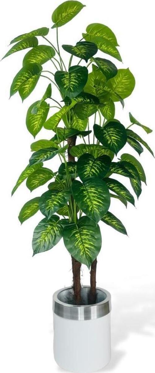 Yapay Çiçek Difenbahya Sarı Yeşil 3Katlı 160 cm 54Yaprak Gümüş Kemerli Beyaz Saksıda Yapay Bitki