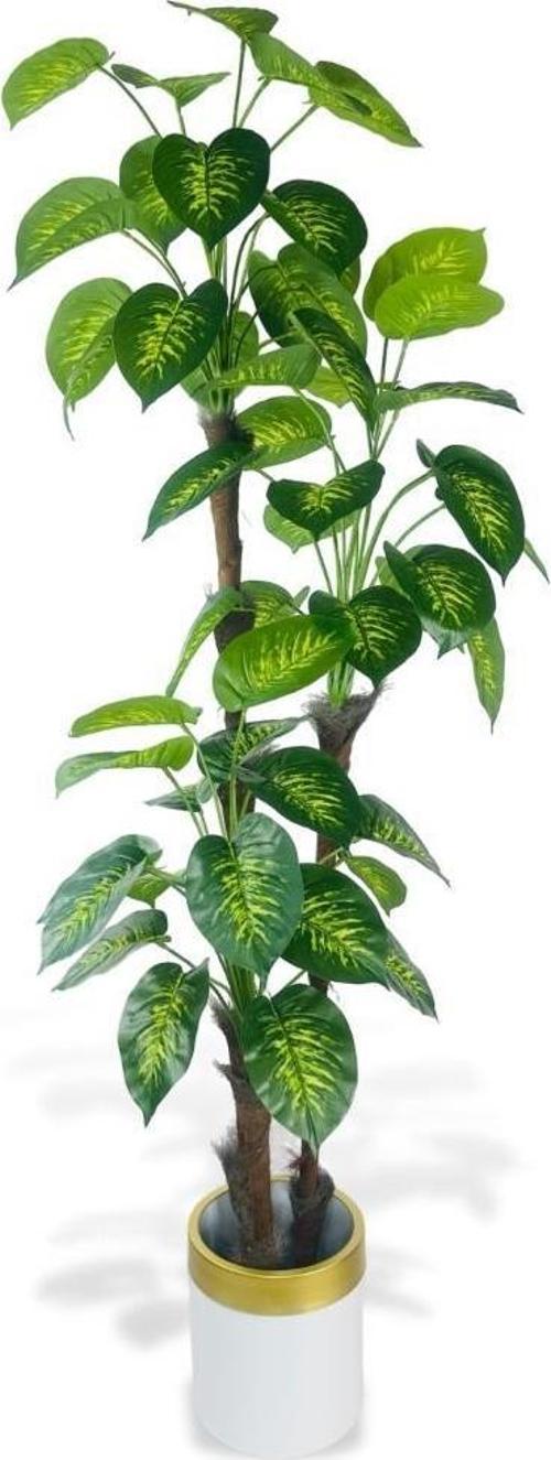 Yapay Çiçek Difenbahya Sarı Yeşil 3Katlı 190 cm 54Yaprak Gold Kemerli Beyaz Saksıda Yapay Bitki