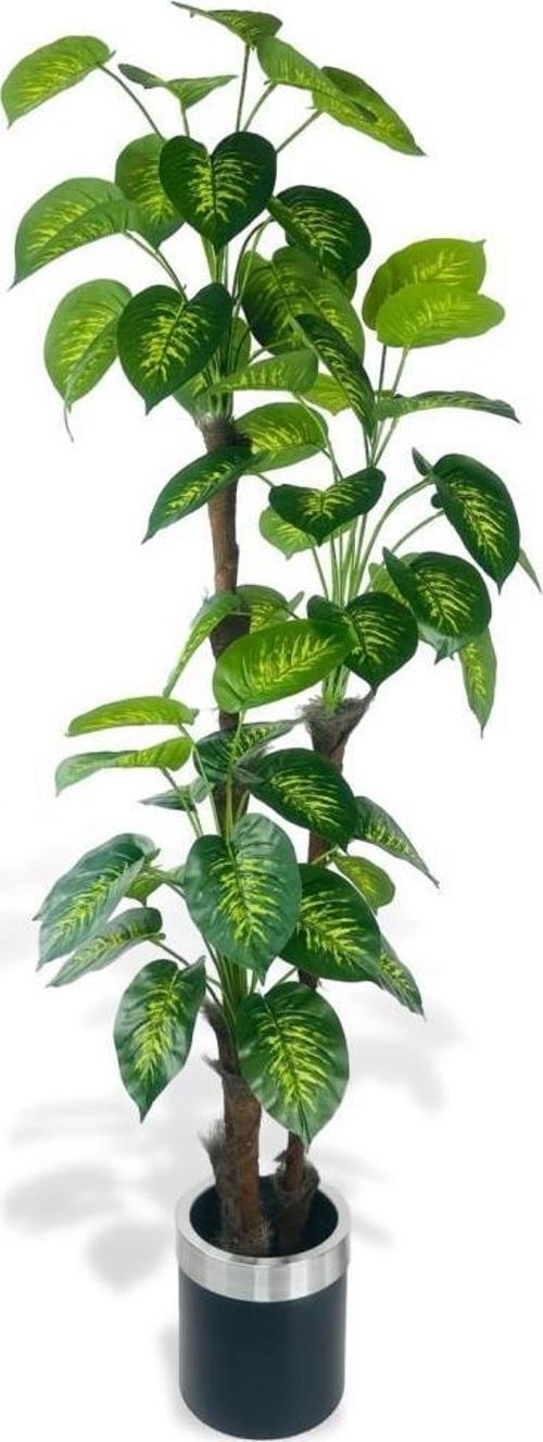 Yapay Çiçek Difenbahya Sarı Yeşil 3Katlı 190 cm 54Yaprak Gümüş Kemerli Siyah Saksıda Yapay Bitki