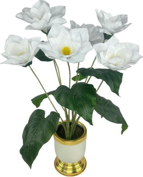 Yapay Çiçek Islak Manolya Çiçeği 6 Çiçekli 65 cm Gold Krem Darbuka Galvaniz Vazoda Salon Çiçeği