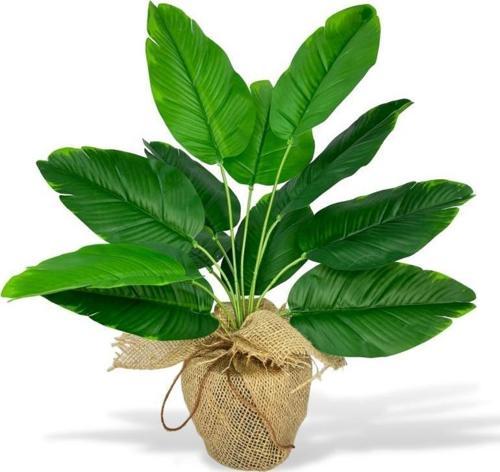 Yapay Çiçek Keten Hasır Saksıda Yeşil Muz Yapraklı 12Dal 50 cm Salon Çiçeği Yapay Bitki