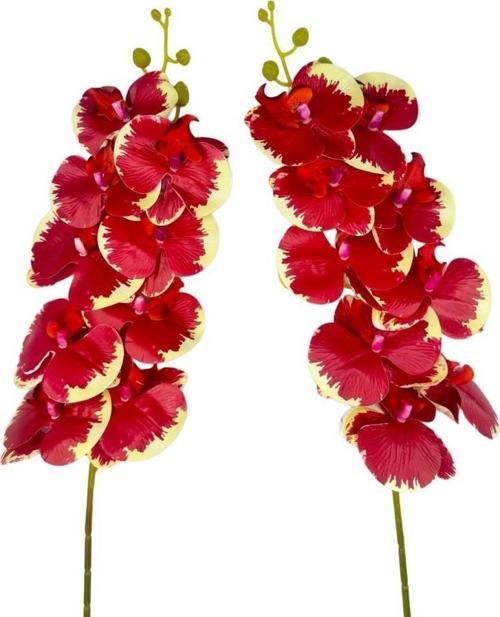 Yapay Çiçek Kırmızı Krem Islak Orkide Gerçeksi Doku Uzun Dal 90 cm