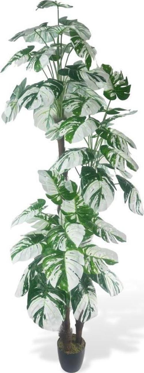 Yapay Çiçek Monstera Yeşil Beyaz Deve Tabanı 3Katlı 180 cm 54Yaprak Siyah Plastik Saksıda Yapay Bitki