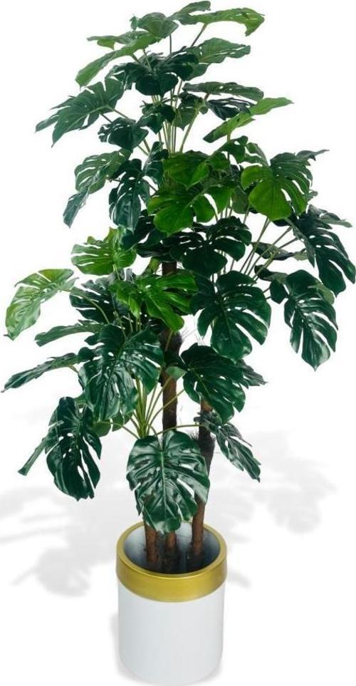 Yapay Çiçek Monstera Yeşil Deve Tabanı 3Katlı 135 cm 54Yaprak Gold Kemerli Beyaz Saksıda Yapay Bitki