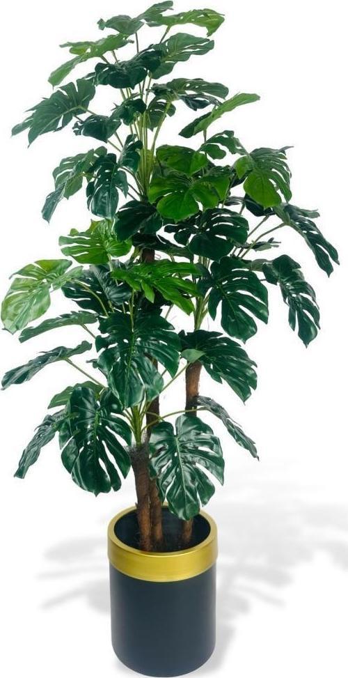 Yapay Çiçek Monstera Yeşil Deve Tabanı 3Katlı 135 cm 54Yaprak Gold Kemerli Siyah Saksıda Yapay Bitki