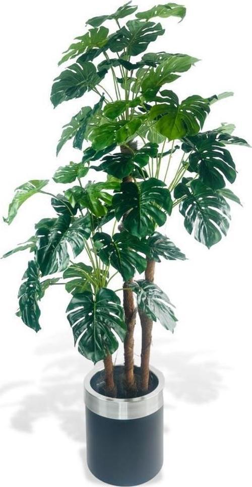 Yapay Çiçek Monstera Yeşil Deve Tabanı 3Katlı 135 cm 54Yaprak Gümüş Kemerli Siyah Saksıda Yapay Bitki