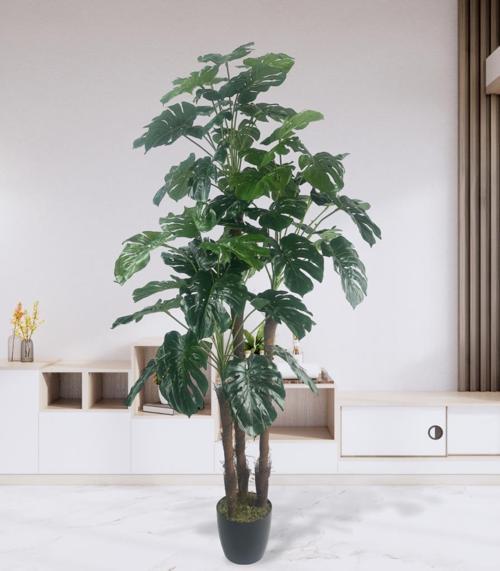 Yapay Çiçek Monstera Yeşil Deve Tabanı 3Katlı 135 cm 54Yaprak Siyah Plastik Saksıda Yapay Bitki