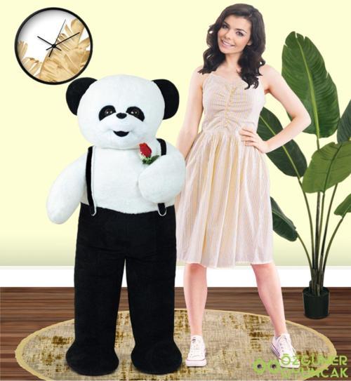 117 Cm Elinde Çiçek Tutan Tulumlu Peluş Panda
