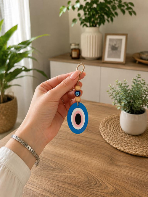 Plastik Nazar Boncuğu Duvar Süsü – Dekoratif Kapı Süsü – Ahşap Boncuklu Asılabilir Nazar Boncuğu – Ev, Ofis ve Araç Deko