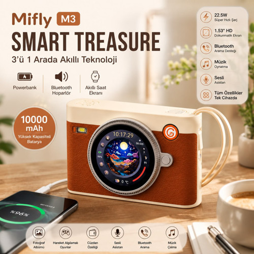 Smart Treasure M3 10000 mAh 22.5W Hızlı Şarjlı Powerbank Bluetooth Hoparlör 1.53’’ Dokunmatik Akıllı Ekranlı Taşınabilir Şarj Cihazı