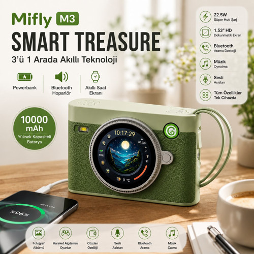 Smart Treasure M3 10000 mAh 22.5W Hızlı Şarjlı Powerbank Bluetooth Hoparlör 1.53’’ Dokunmatik Akıllı Ekranlı Taşınabilir Şarj Cihazı