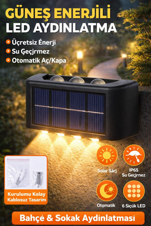 2 Adet Güneş Enerjili 6 LEDLİ Duvar & Bahçe Aydınlatması Su Geçirmez Otomatik Yanan Işık Efekti