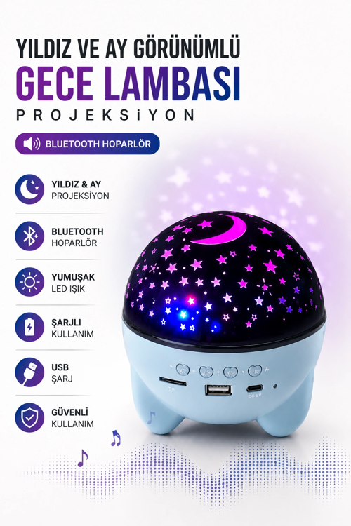 Gökyüzü Temalı Bluetooth Hoparlörlü Şarjlı Çocuk Gece Lambası