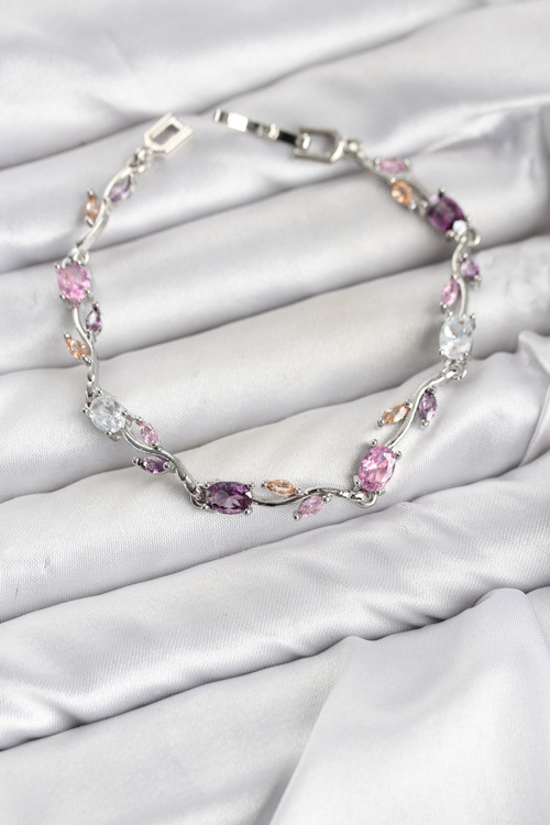 Pirinç Gümüş Renk Pembe Mor Zirkon Taşlı Çiçek Model Kadın Bileklik
