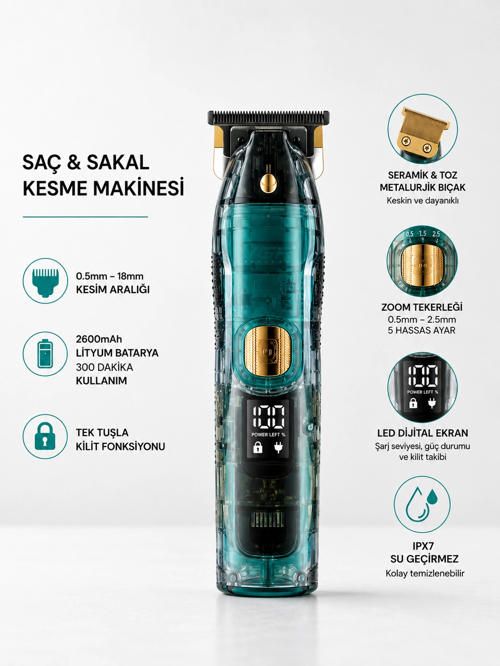 Saç Sakal Kesme Makinesi Led Ekranlı Profesyonel 5 Adet Uzunluk Ayarı