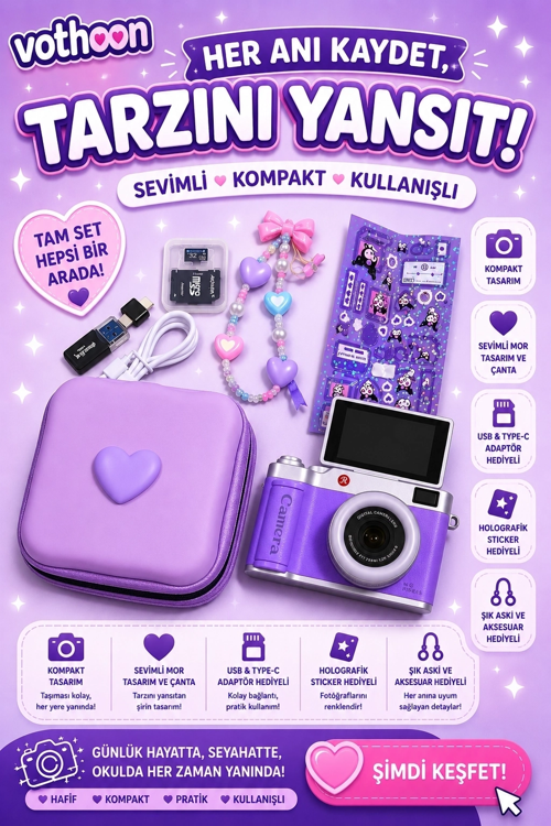 4K Çantalı Dijital Video Kamera 48Mp 16X Zoom Işıklı (32Gb) Kart Dijital Fotoğraf Makinesi Mor