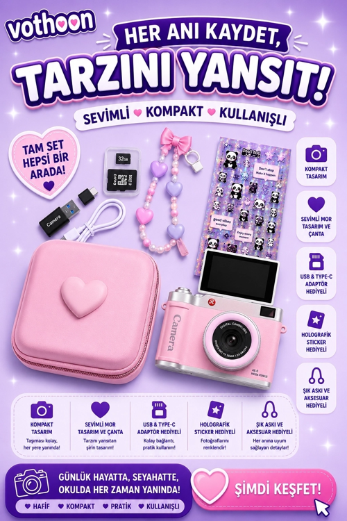 4K Çantalı Dijital Video Kamera 48Mp 16X Zoom Işıklı (32Gb) Kart Dijital Fotoğraf Makinesi Pembe