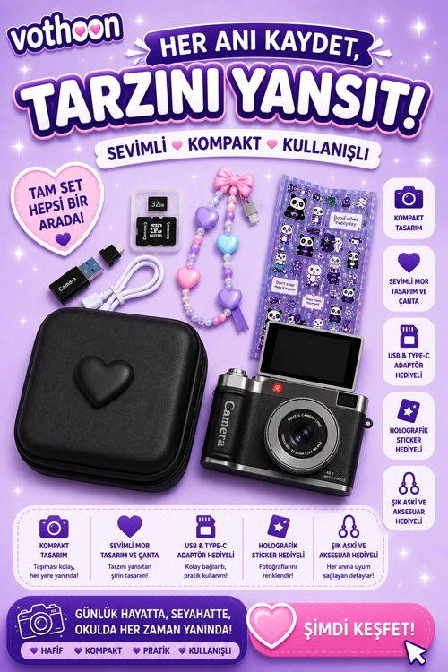 4K Çantalı Dijital Video Kamera 48Mp 16X Zoom Işıklı (32Gb) Kart Dijital Fotoğraf Makinesi Siyah