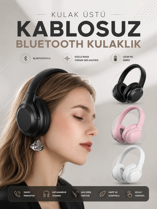 Kablosuz Bluetooth Kulaklık Anc/Enc Destekli Kulak Üstü Yüksek Ses Kaliteli