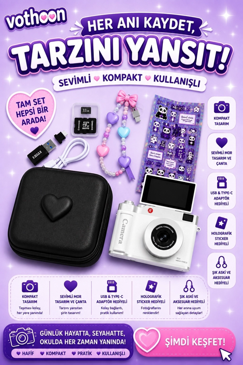 4K Çantalı Dijital Video Kamera 48Mp 16X Zoom Işıklı (32Gb) Kart Dijital Fotoğraf Makinesi Beyaz