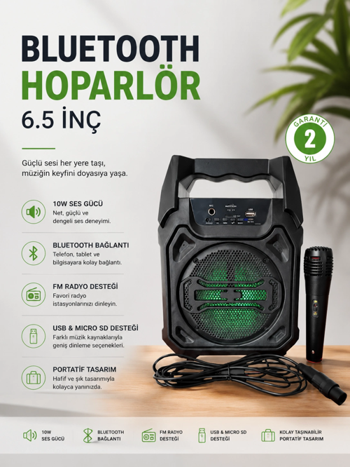 Bluetooth Hoparlör Mikrofonlu Taşınabilir Ses Sistemi Fm Radyo, Usb, Sd Kart Tws Özellikli