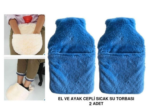 Sicak Su Torbasi 2 Adet,Cepli Mavi Peluş Termofor 32,5X17,5Cm 1500 Ml