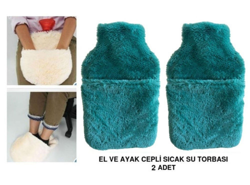 Sicak Su Torbasi 2 Adet,Cepli Yeşil Peluş Termofor 32,5X17,5Cm 1500 Ml