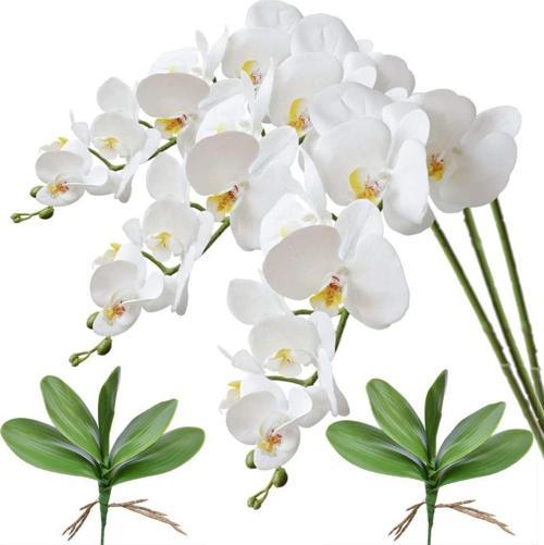 3lü Set Yapay Çiçek Islak Orkide ve 2 Adet Orkide Yaprağı Gerçeksi Doku Uzun Dal 90cm