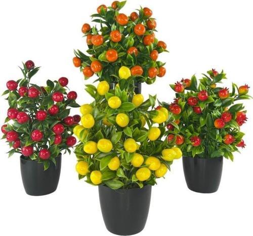 Nettenevime 4lü Set Yapay Çiçek Kiraz Nar Limon Ve Mandalina Ağacı Siyah Saksıda 30cm