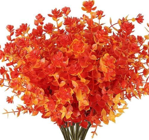 6lı Set Yapay Çiçek Tam Turuncu Mineli Şimşir Lotus 7 Dallı Plastik Dekoratif Yapay Bitki