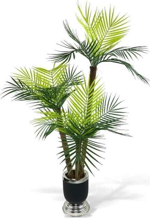 Yapay Ağaç Areka Palmiye Metal SiyahGümüş Lüks Vazoda 3Katlı 18Yaprak 110cm Salon Çiçeği Yapay Çiçek