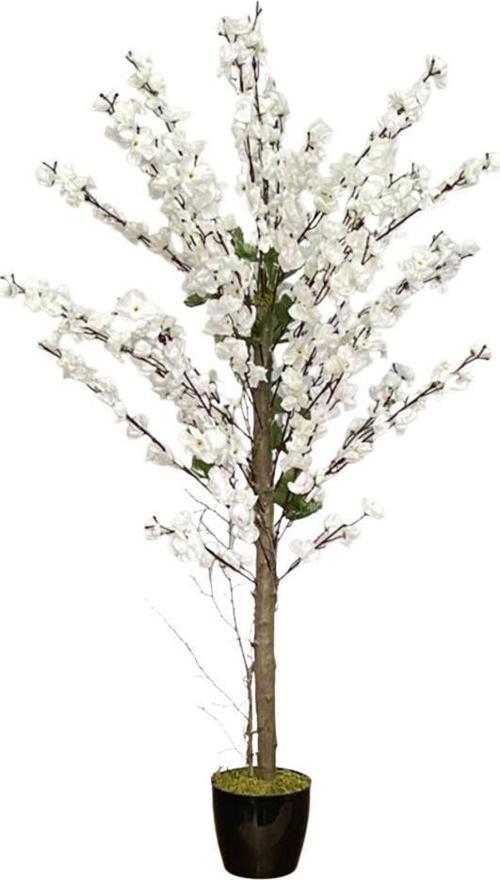Yapay Ağaç Bahardalı Ağacı Beyaz Japon Kiraz Çiçeği Sakura Çiçeği 127x70cm Siyah Plastik Saksılı