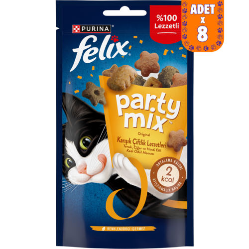 Party Mix Karışık Çiftlik Lezzetleri Tavuk Ciğer ve Hindi Etli Kedi Ödülü 8x60 Gr