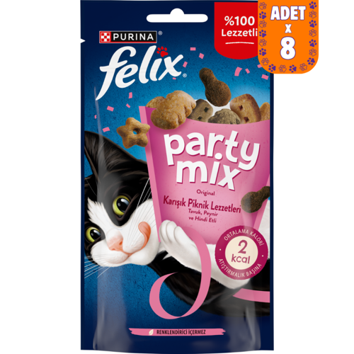 Party Mix Karışık Piknik Lezzetleri Tavuk Peynir ve Hindi Etli Kedi Ödülü 8x60 Gr