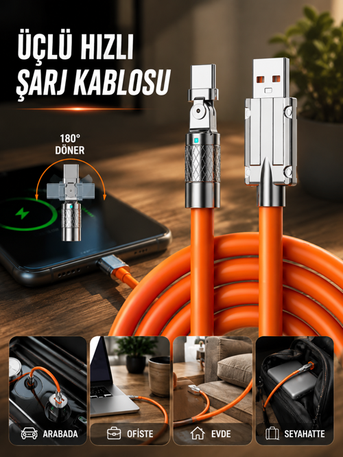 3 İn 1 Süper Hızlı Şarj Kablosu Android İos Uyumlu Silikon Şarj Kablosu