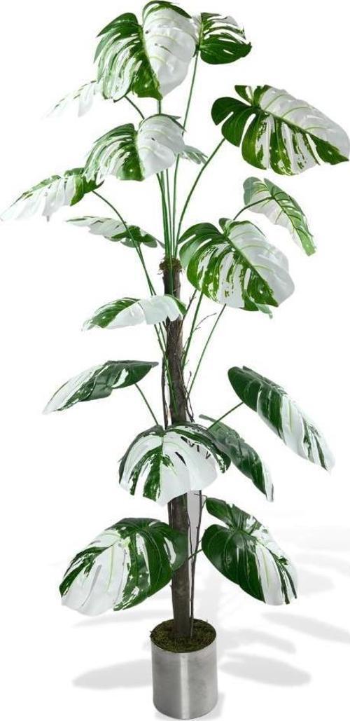 Yapay Ağaç Beyaz Monstera 18 Dallı Çalılı Gövde 120x60cm Gümüş Aleminyum Saksıda