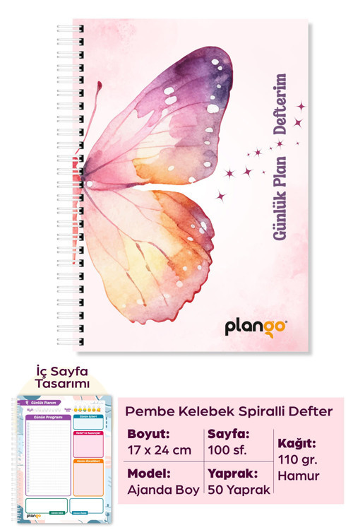 Pembe Kelebek Spiralli Günlük Planlama Defteri - 100 Sayfa - 17x24 Planlayıcı Defter
