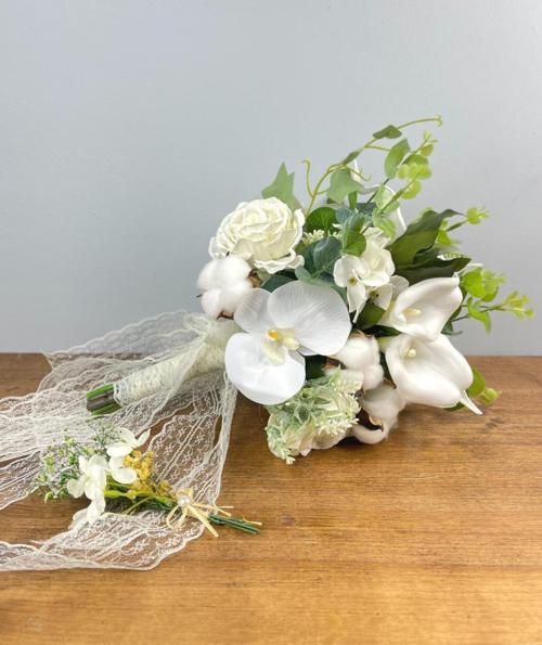 Nettenevime Gelin Çiçeği Yapay Çiçek Beyaz Islak Orkide Gala Pamuk Şakayık Ve Yeşillik Gelin Buketi