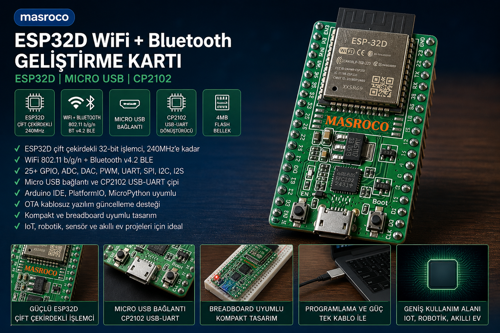 32-D WiFi Bluetooth Geliştirme Kartı DevKitC V4 (Yeşil PCB, USB Kablo Dahil)