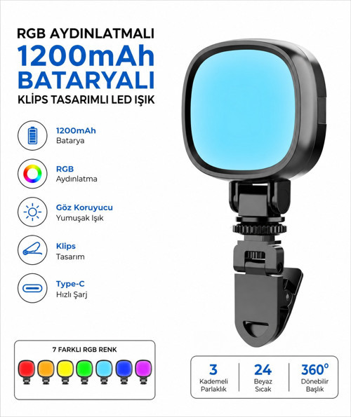 Blc RGB Klipsli LED Işık 1200mAh Bataryalı Type-C Şarjlı Selfie Video Çekim Telefon Laptop Monitör Kitap Okuma Lambası 360° Dönebilen