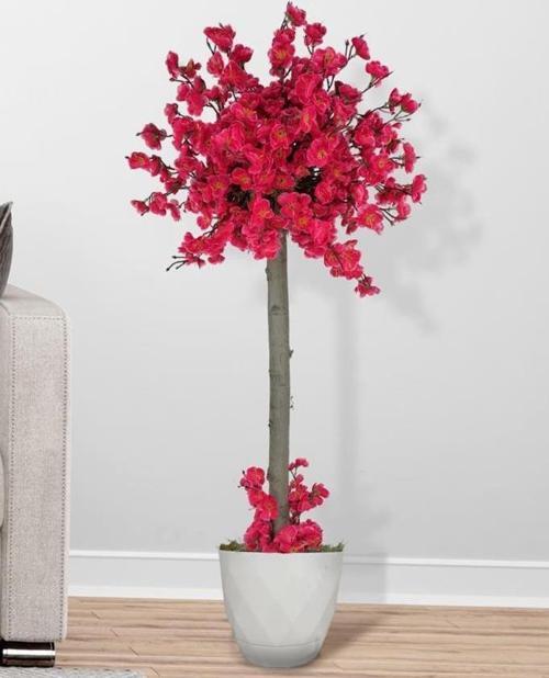 Yapay Ağaç Fuşya Bahar Dalı Japon Kiraz Çiçeği Beyaz Saksılı 90cm