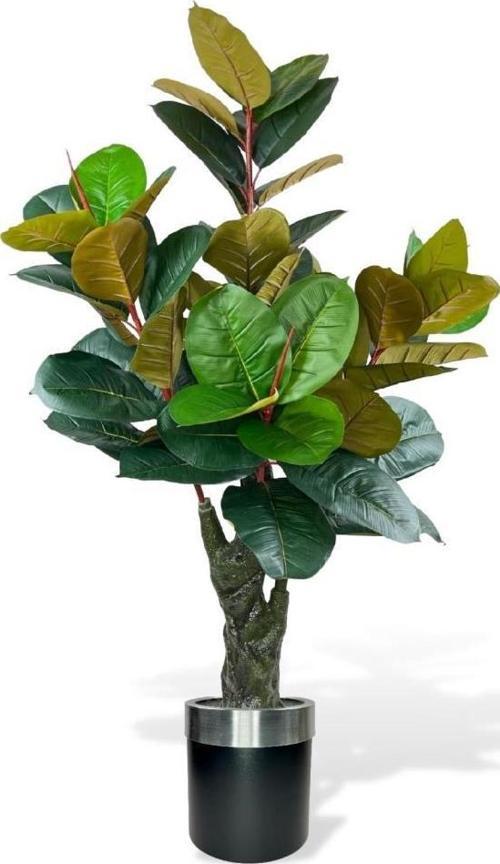 Yapay Ağaç Kauçuk Ağacı Metal Gümüş Kemerli Saksıda Ficus Elastica Salon Çiçeği 150*90 61 Yaprak
