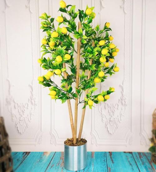 Yapay Ağaç Limon Ağacı Gür Yapraklı 80cm Bambu Dalında Gümüş Paslanmaz Aleminyum Saksılı
