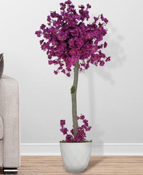 Yapay Ağaç Mor Bahar Dalı Japon Kiraz Çiçeği Beyaz Saksılı 90cm