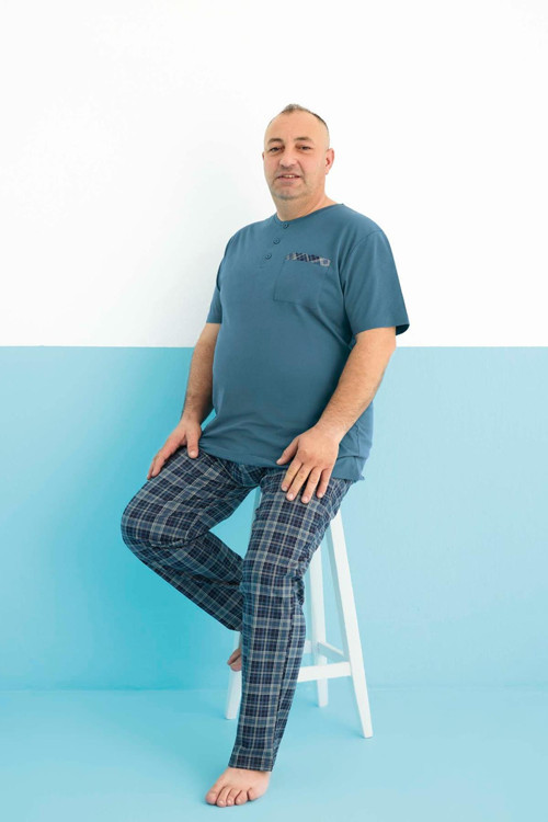Erkek Dinç Büyük Beden Koton Kısa Kol Turkuaz Pijama Takım 0008