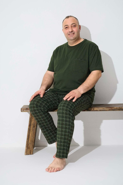 Erkek Dinç Büyük Beden Koton Kısa Kol Yeşil Pijama Takım 7021