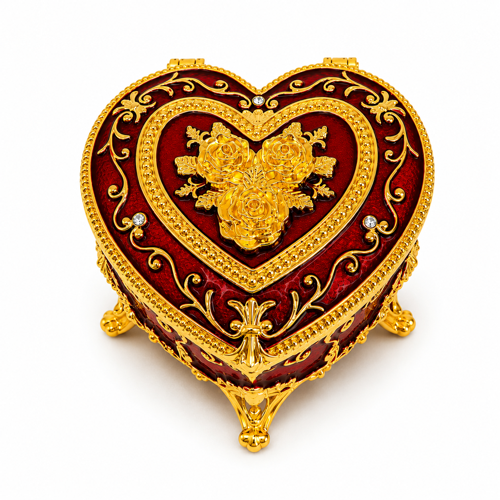 Kalp Şeklinde Mücevher Kutusu Gold İşlemeli Kristal Taşlı Takı Kutusu | 6x9 cm | 5 Renk Seçeneği