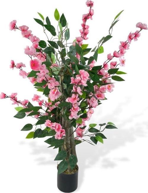 Yapay Ağaç Pembe Bahardalı Elma Çiçeği Ağacı100cm Yeşil Yapraklı